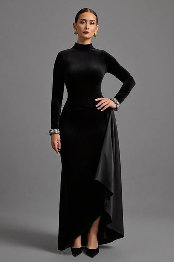 Black Sheath Beaded Formal Dress with Long Sleeves